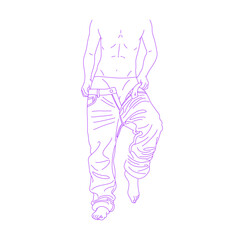 Line art illustration of person putting on or taking off pants