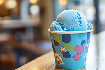 Ice cream scoop on Colorful paper cup, Pear blue flavor
