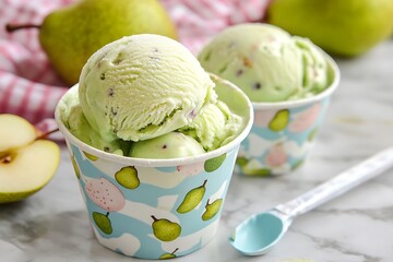 Ice cream scoop on Colorful paper cup, Pear blue flavor