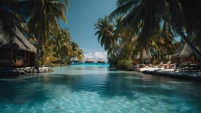 A tropical resort pool framed by palm trees and thatched huts, with overwater bungalows across a turquoise lagoon.