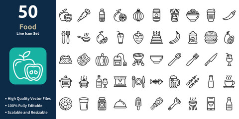 Food icon set in Outline style. Minimilist and trendy Icon set. Containing Icons,Apple,Carrot,Water bottle,Orange,Onion,and so on.