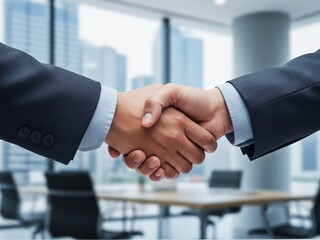 Business handshake between two partners in modern office showing agreement and partnership. Generative AI.