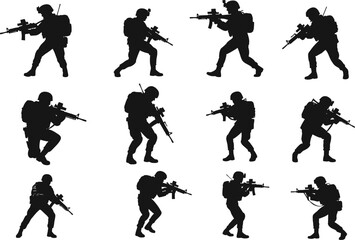 Silhouettes of armed soldiers in tactical poses with rifles, helmets, and gear—ideal for military, combat, patrol, and training designSilhouettes of armed 