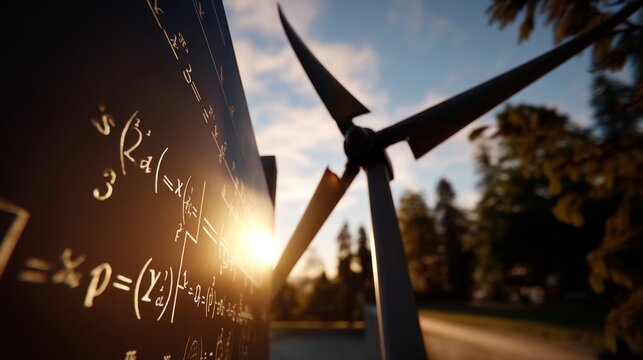 Harnessing Renewable Energy - Silhouette of Wind Turbine at Sunset with Energy Equations, Golden Hour Lighting, POV Shot, Leading Lines