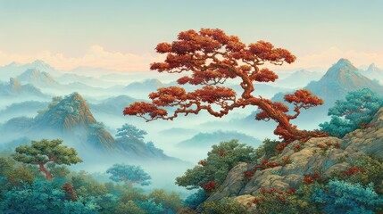 Artistic depiction of a vibrant stylized tree with red foliage atop a mountain range