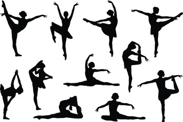 Silhouettes of ballet dancers performing elegant poses and stretches, graceful vector illustration for dance, fitness, flexibility, and art design concepts.