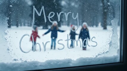 Children playing in snow with a merry christmas message on the window