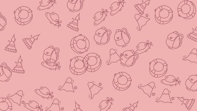 Soft pink seamless pattern featuring outlined life rings, party hats, balloons, and playful nautical icons. With whimsy. Wow
