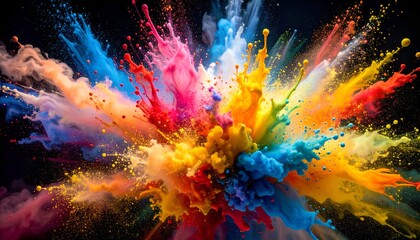 A vibrant, exploding cloud of colorful powder against a dark backdrop, full of energy