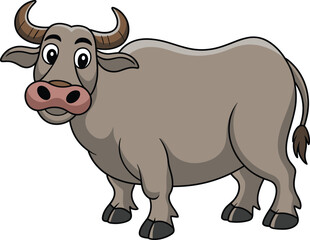 Cute cartoon buffalo standing with happy face, farm animal illustration, wildlife character drawing for education, kids learning and animal design