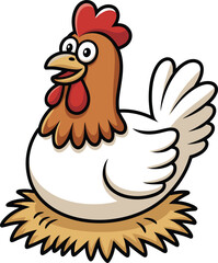 Cute cartoon chicken sitting on nest with eggs, farm animal illustration, colorful vector drawing, funny hen design for kids and education