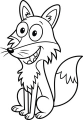 Cute cartoon fox sitting with cheerful expression, black and white line art illustration, adorable woodland animal drawing for kids coloring book