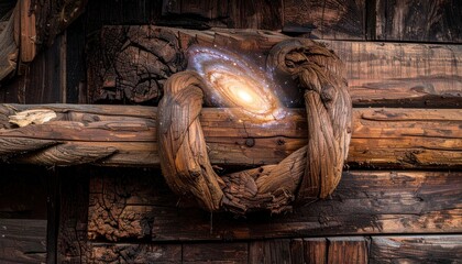 Mystical Wooden Frame Revealing a Swirling Galaxy Portal.