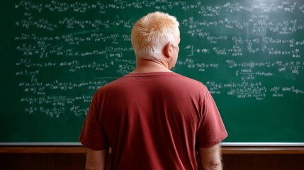 Enlightening Physics Lecture: Back view of professor teaching relativity equations in morning light with dreamy focus and environmental composition.