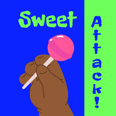 Black baby hand with lollipop, candy on blue background. Vector illustration