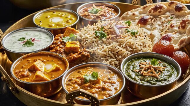 Exquisite indian cuisine: variety of traditional dishes in vibrant thali arrangement