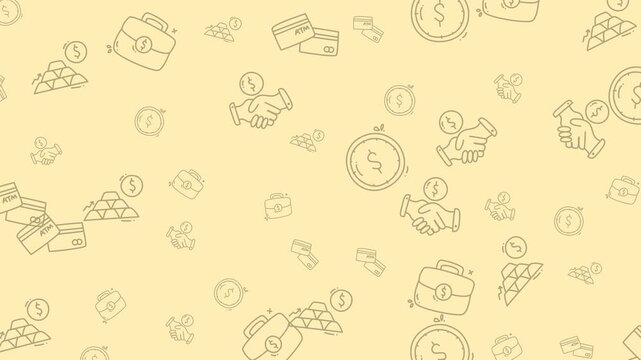 Soft yellow pattern shows coins, wallets, cash stacks, hands symbolizing finance, spending, microtransactions in action. now