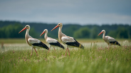 A group of four storks standing in a grassy field on a cloudy day near some trees