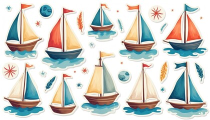 Collection of cute sailboat stickers for nautical themes. Features various sailing boats with colorful sails on blue water. Ideal for kids crafts party decorations travel journals scrapbooking