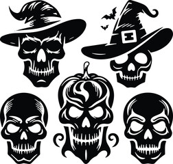 Scary Halloween skull illustration, witch hat and pumpkin skull design, gothic horror art, spooky skeleton vector, dark festival decorationv