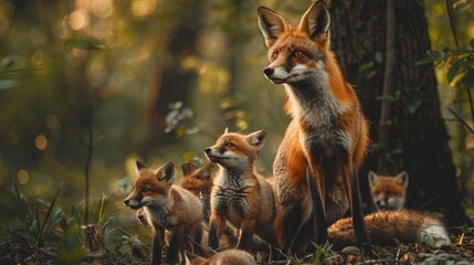 Fototapeta premium A family of chanterelles in the forest. A female fox and small foxes.