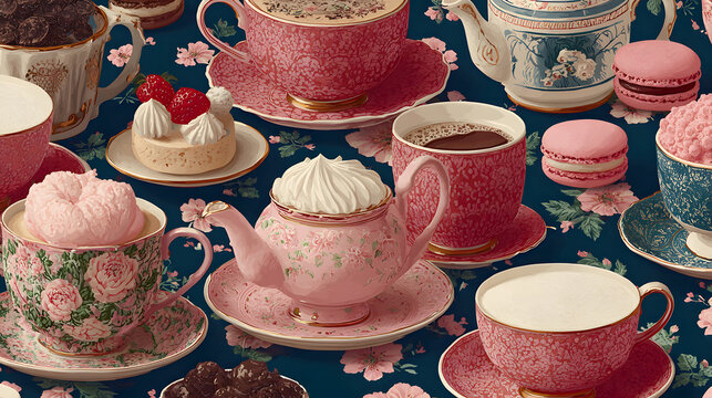 A charming, repeating pattern of pink floral teacups, teapots, and various sweets like macarons and pastries on a dark, floral background