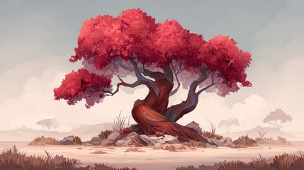 An artistic illustration showcases a vibrant red leafed tree set against a serene backdrop