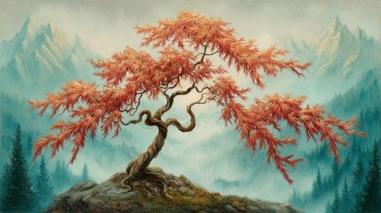 Painting of a bonsai tree with red leaves mountain range in the background