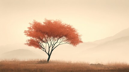 A single tree with vibrant red leaves stands in a field with mountains in the background