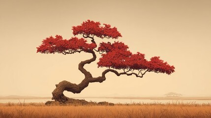 A single tree with vibrant red leaves stands in a field near a body of water during the day