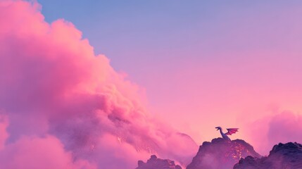 Fantasy dragon silhouette perched on mountain peak at sunset amidst pink clouds