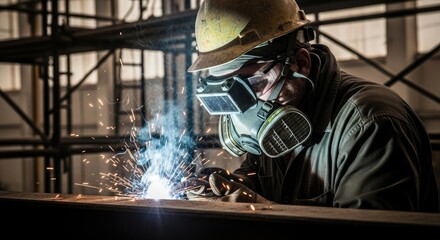 A man wearing a hard hat and welding mask, welding in a workshop with sparks flying.