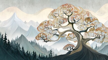 Watercolor illustration of a tree and mountains in the background a nature landscape