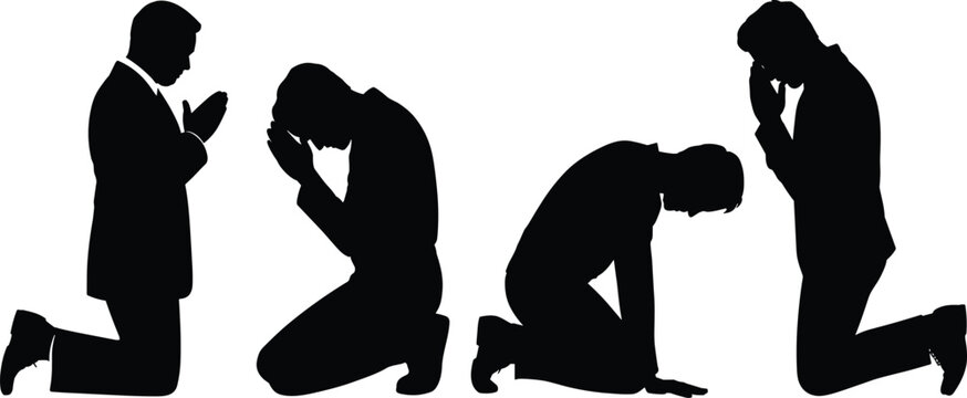 Silhouette of men kneeling in prayer, meditation, and reflection, symbolizing faith, hope, sadness, spirituality, religion, and emotional devotion.