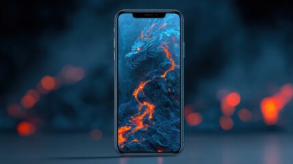 Smartphone displaying abstract dragon art on a dark background with bokeh lights