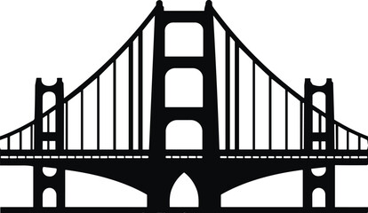 Suspension bridge silhouette illustration, modern architecture landmark, urban transportation design, engineering structure symbol, iconic city infrastructure for travel and construction themes.