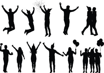 Silhouettes of joyful people celebrating with balloons, confetti, and party hats—ideal for festive, event, happiness, and vector design themes