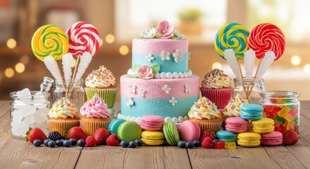 A colorful dessert table with a cake, cupcakes, and lollipops, surrounded by fresh fruits and pastries.