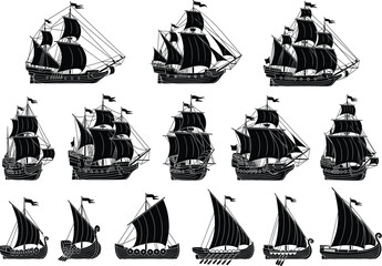 Silhouettes of fifteen historical sailing ships showcasing naval evolution, maritime heritage, ancient vessels, and classic rigging styles in vector format