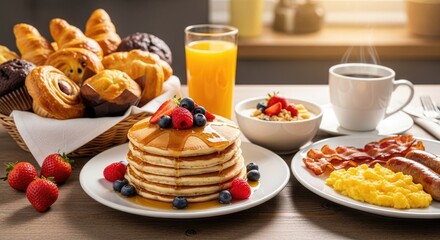 A breakfast table with a variety of food items, including pancakes, eggs, bacon, and fruit, arranged on a wooden table.