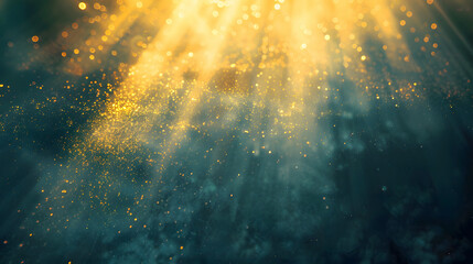 Golden light beams and sparkling bokeh descend through a misty, dark teal and blue atmosphere, creating an abstract, magical effect
