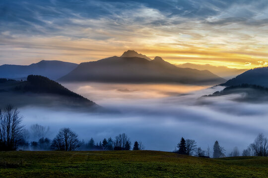 fog over the village of Zazriva, with Mala Fatra in the background