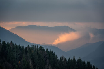 sun rays in the fog at sunrise in Mala Fatra