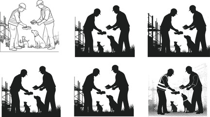 Silhouette vector illustration of construction workers feeding dogs at site with scaffolding, teamwork, kindness, safety, compassion, animals, labor, and industry
