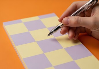 A hand holding a pen poised to write on a checkered notepad with purple and yellow squares, set against an orange background