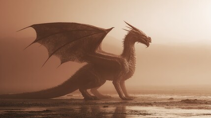 A majestic dragon stands in a hazy atmospheric environment with its wings spread