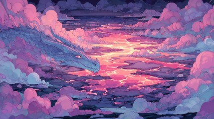 Fantasy artwork a dragon soars majestically through a vibrant colorful sky at sunset