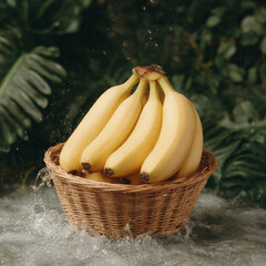 Fresh and Juicy Bananas in a Natural Setting with Splashes of Water