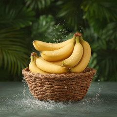 Fresh Bananas in Woven Basket with Water Splash Against Tropical Background