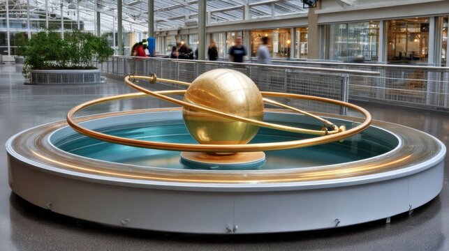Enchanting Foucault Pendulum at Science Museum: Golden Hour POV Shot, Hi-Detail Fill Frame Exploration